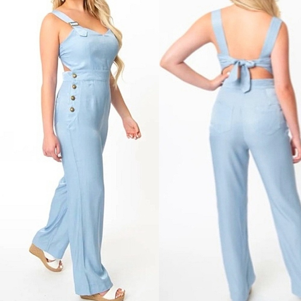 NEW Unique Vintage‎ Sedgeick Tie Back Jumpsuit Sz XL Light Blue Sleeveless NWT